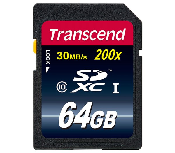Transcend SDXC 64GB Klasse 10 200x Speicherkarte - Frontansicht